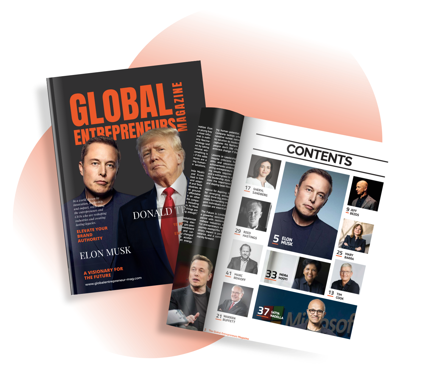 Global Entrepreneurs Magazine flyer showing a cover and an open contents spread