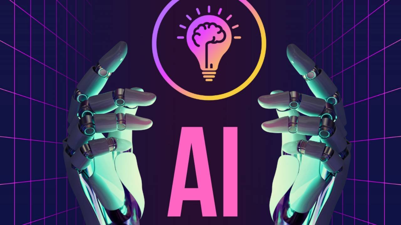 Illustration of two robotic hands framing a glowing light bulb and the letters AI