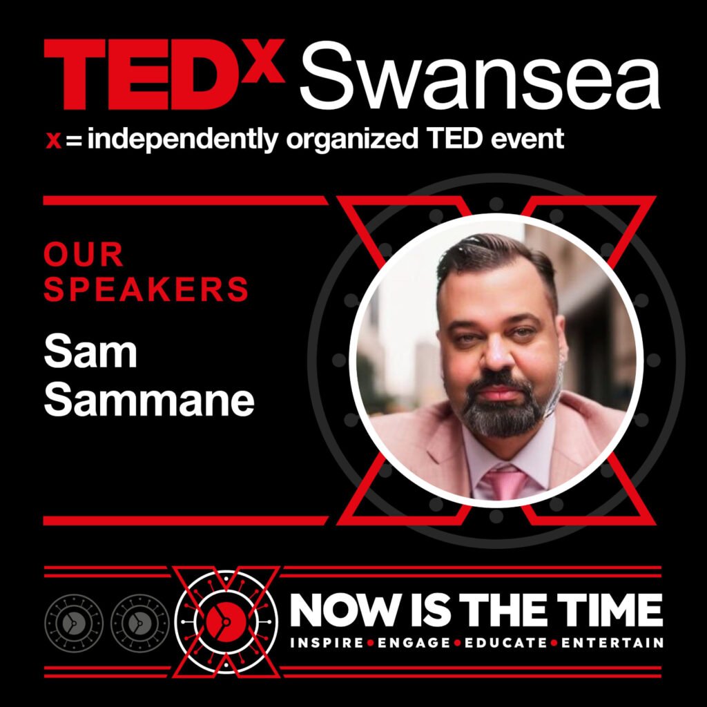 TEDxSwansea speaker card for Dr. Sam Sammane