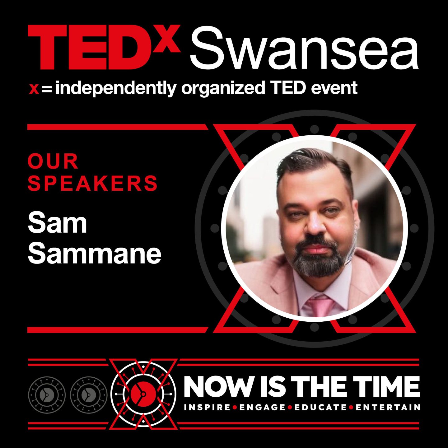 TEDxSwansea speaker card for Sam Sammane