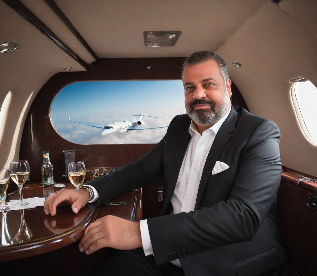 Sam Sammane seated in the cabin of a private jet