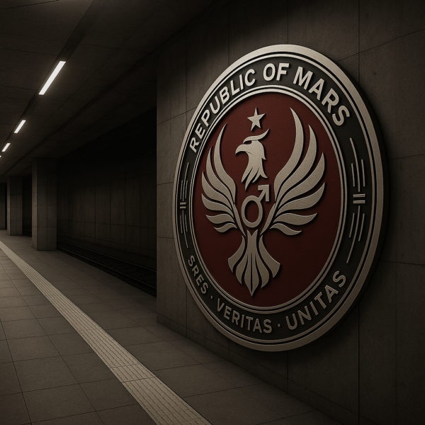 The Republic of Mars emblem on the wall of an underground tunnel