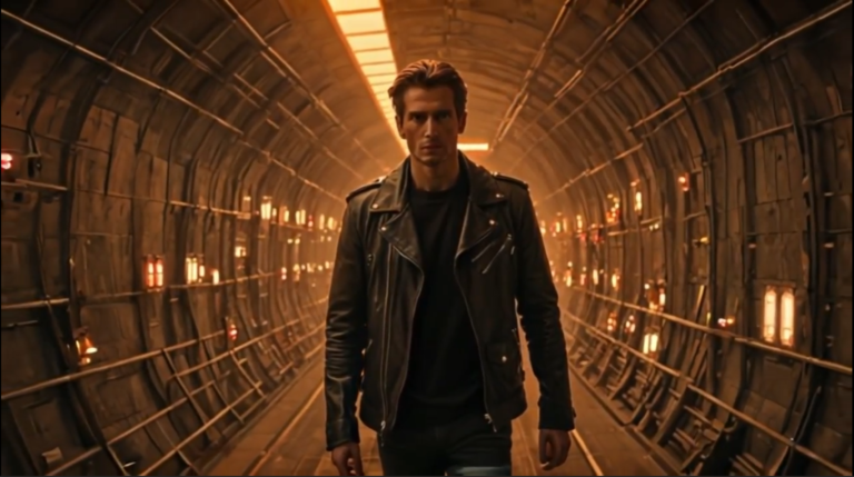 Republic of Mars scene: a detective walks through a lit tunnel in Port Hope