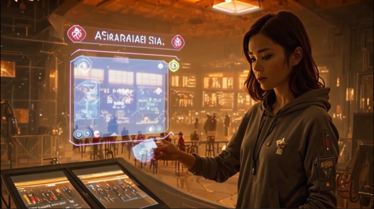 Republic of Mars scene: a colonist reviews a holographic Republic of Mars display