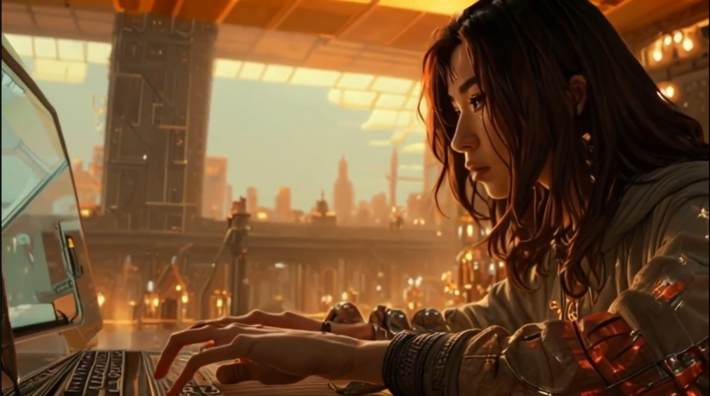 A colonist at a terminal overlooking the underground Martian city of Port Hope