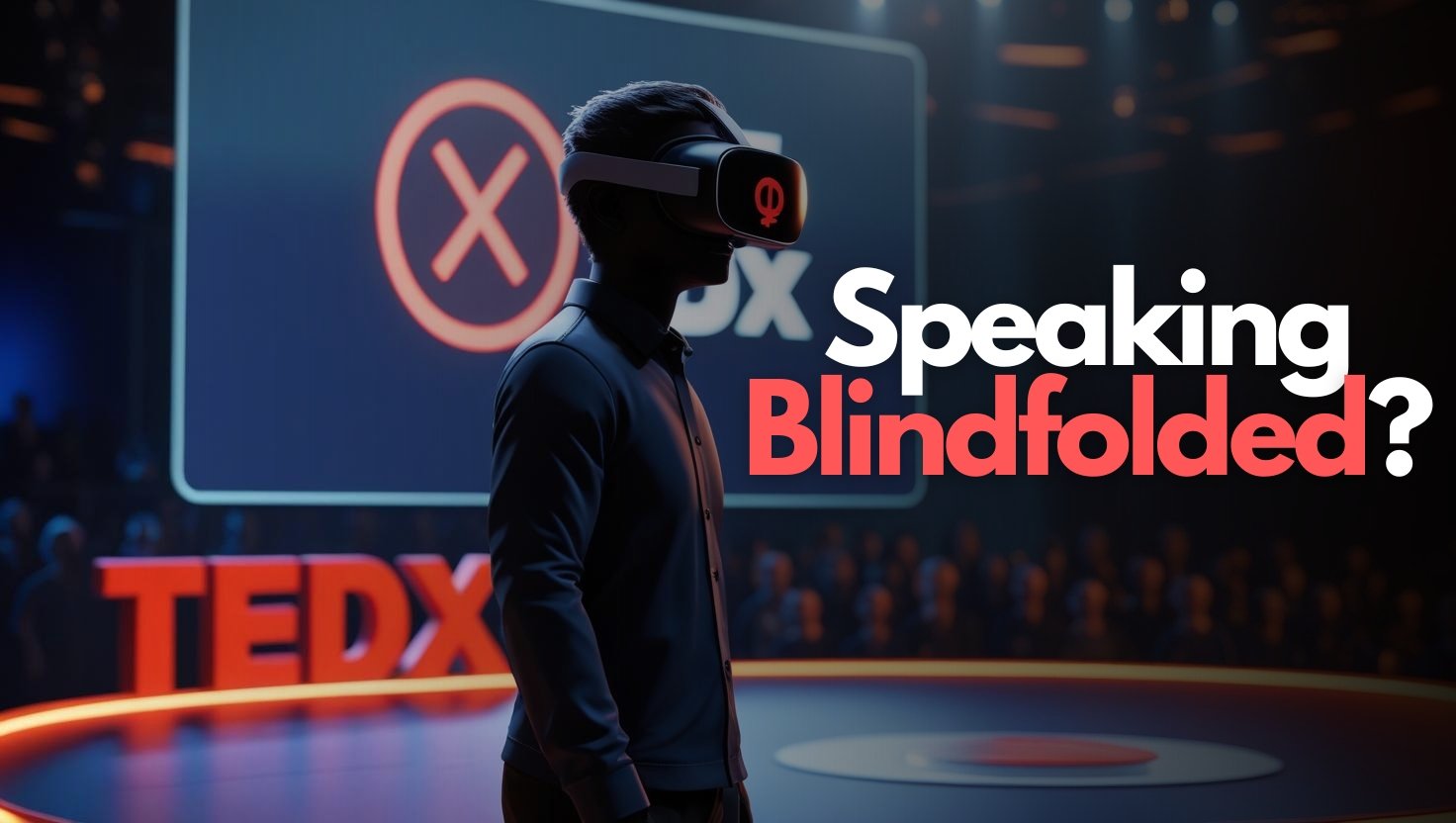 Graphic: Speaking Blindfolded? A speaker in a headset on a TEDx stage